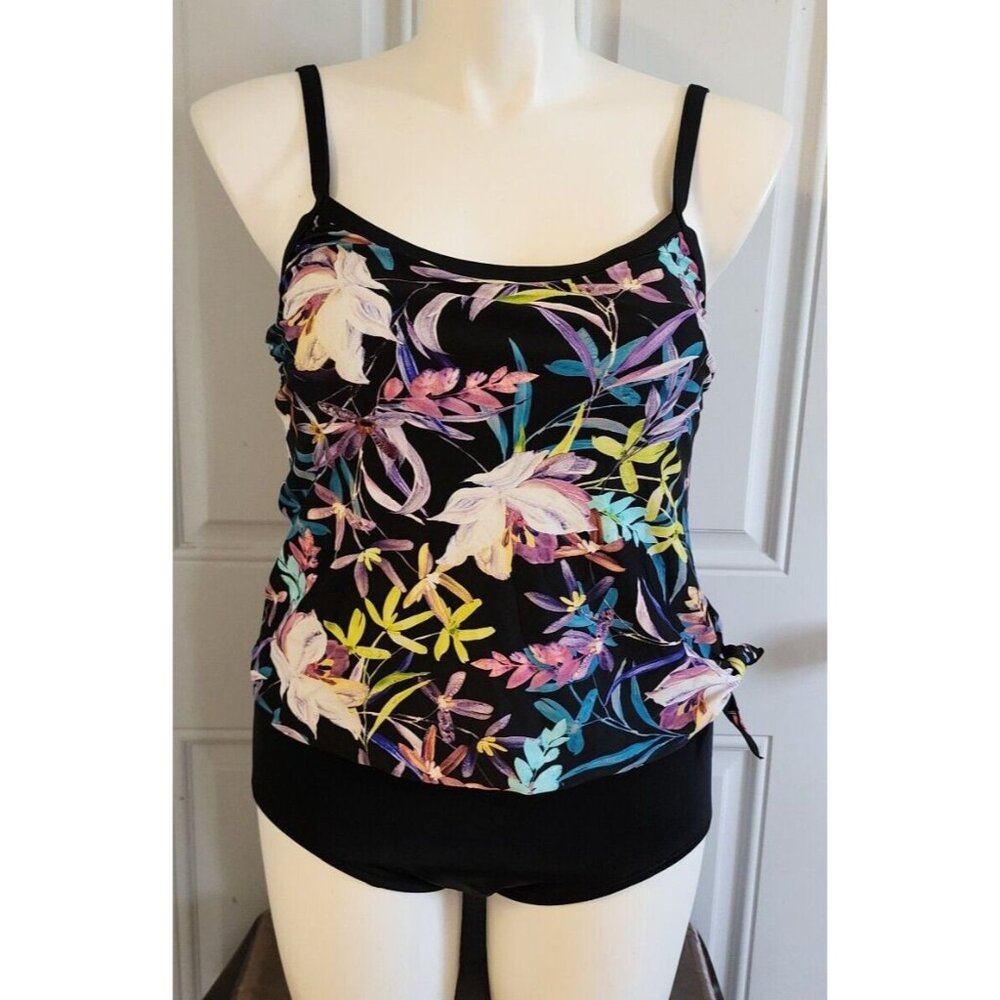 Maxine of Hollywood Women's One Piece Swimsuit Side Tie Sarong Tank Floral Sz 12